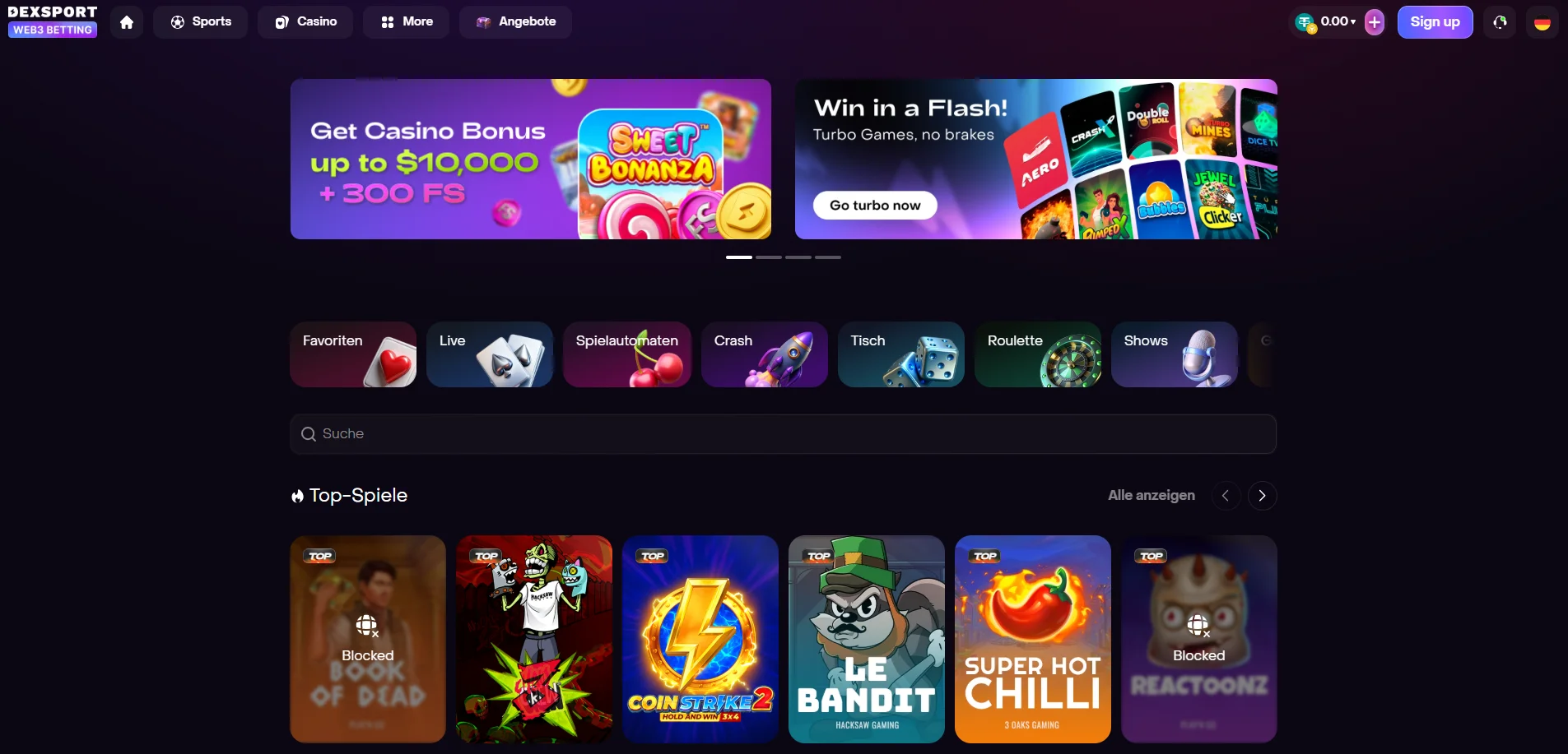 Dexsport.io Casino Gesamtansicht